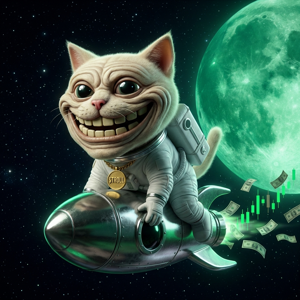 Troll Cat astronaut riding a rocket to a green moon