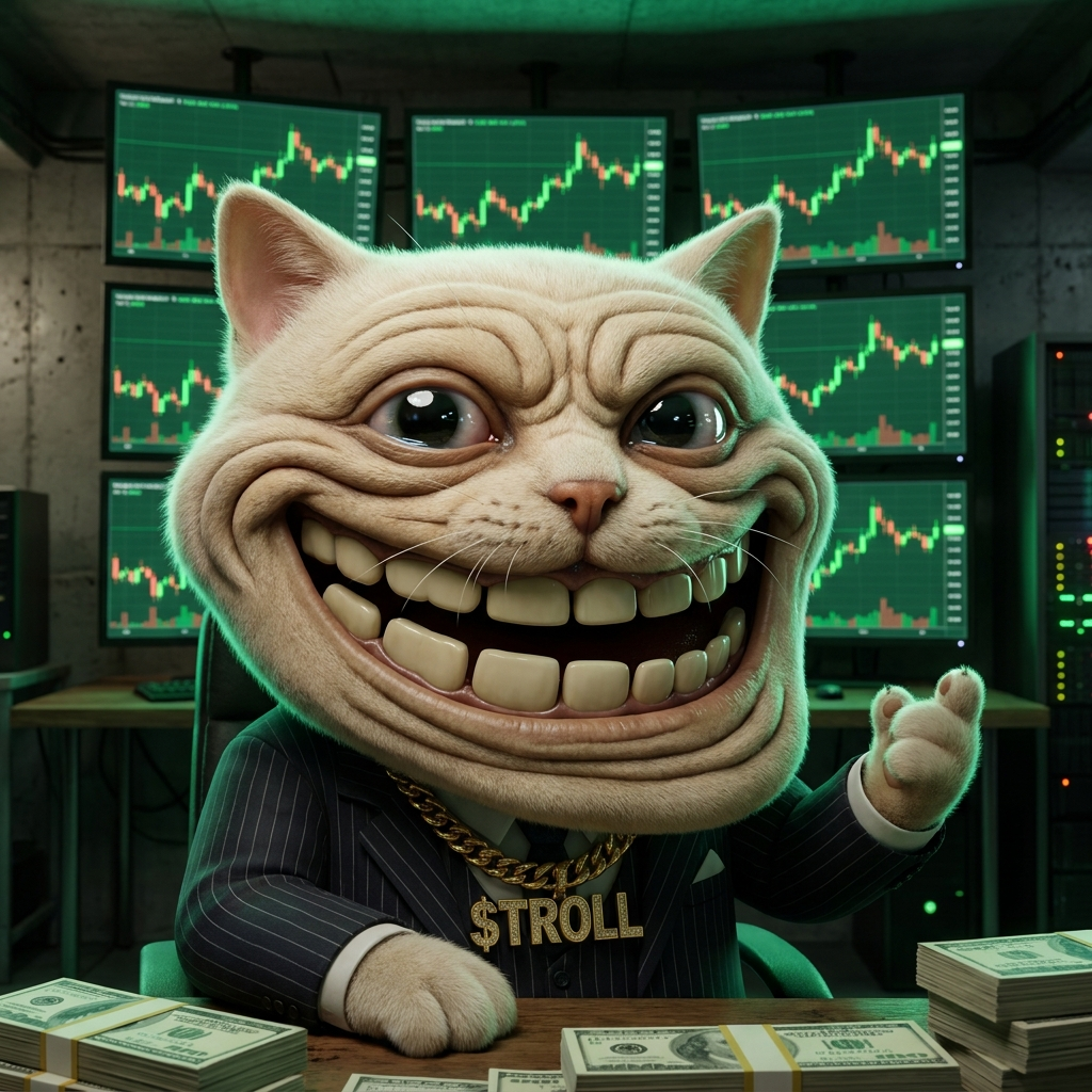 Troll Cat in a suit at a wall of green trading monitors
